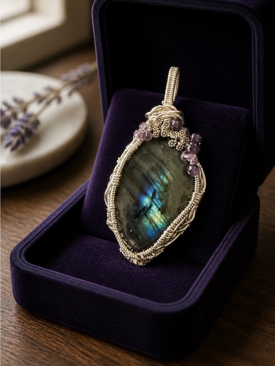 Handmade Jewelry - Handcrafted Labradorite Pendant with Amethyst Accents - Silver Wire Wrap